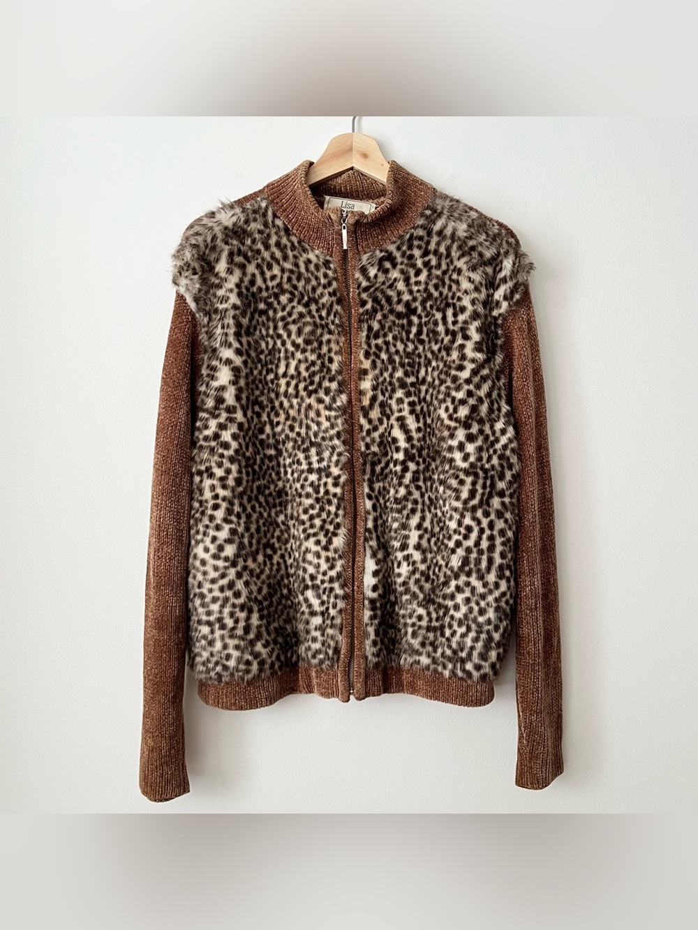 Vintage Women's Brown Chenille Zip-Up Cardigan Animal Print Faux Fur Size L